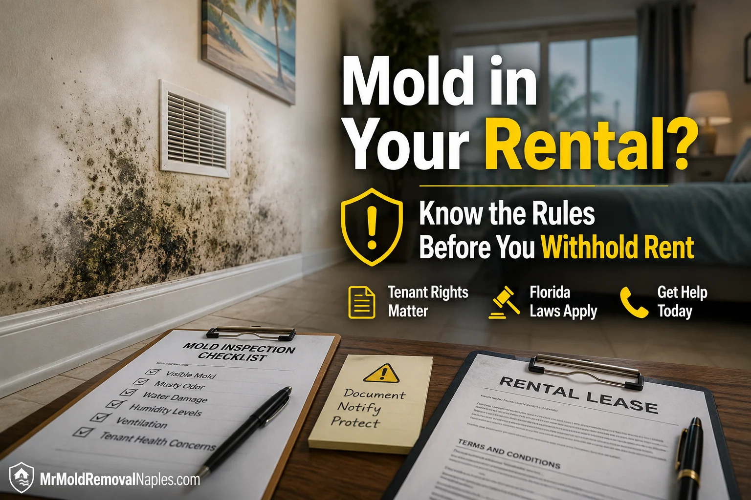 Can I withhold rent for mold in Florida? Mold spots on a Naples rental bedroom wall with a lease and inspection checklist nearby