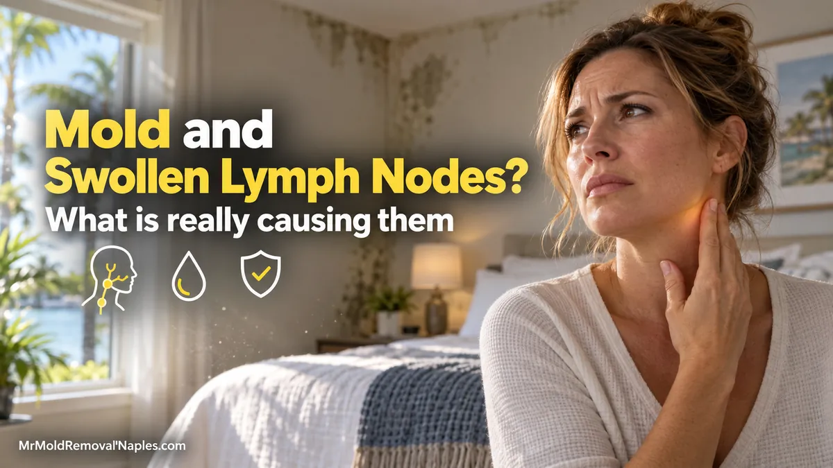 Naples homeowner touching the side of her neck where a swollen lymph node feels tender, with musty staining visible on the bedroom wall behind her