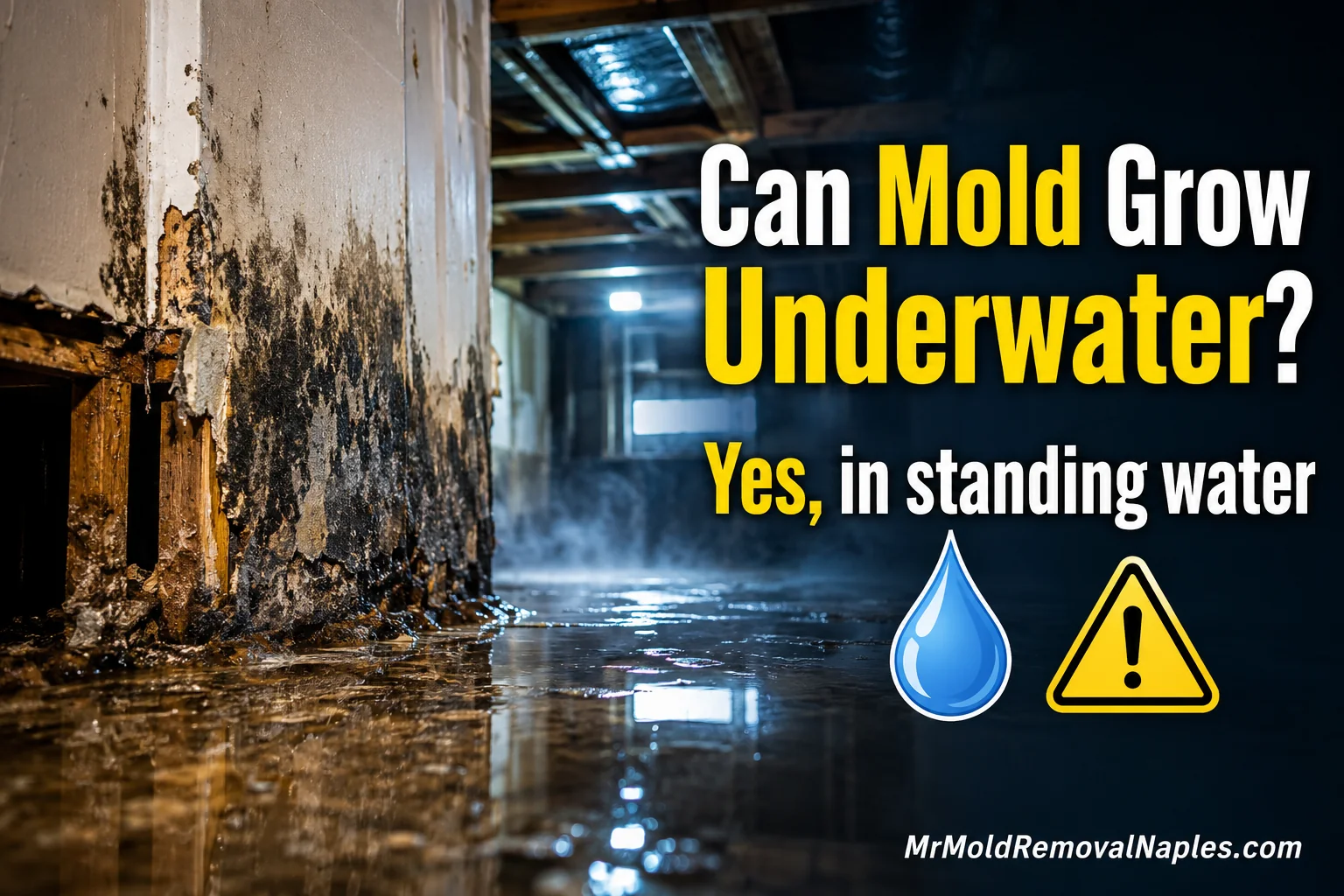 Can mold grow underwater? Standing water in a flooded Naples home with dark mold on wet drywall and wood
