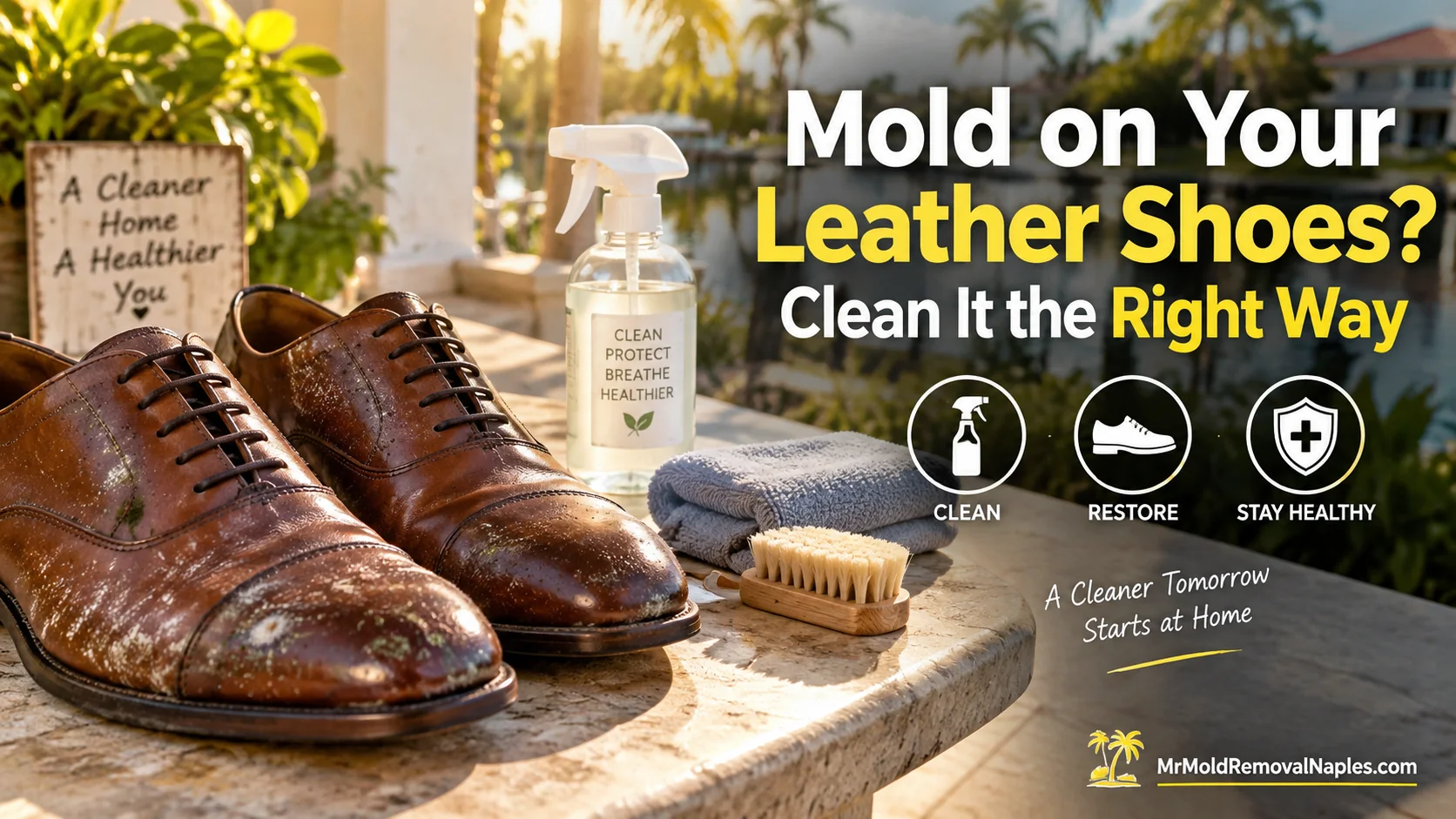 How to clean mold off leather shoes in Naples: brown leather shoes with light mold spots on a bright porch table with cleaning supplies
