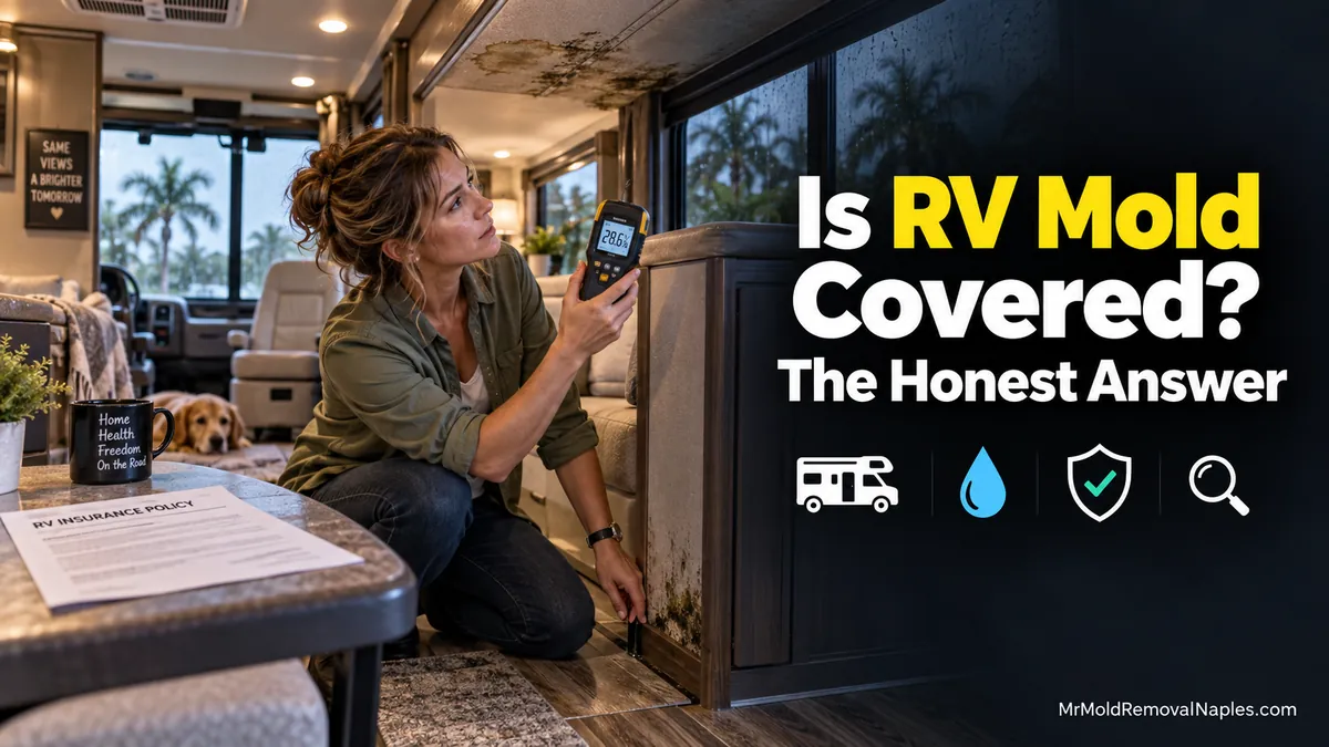 Full-time RVer in Naples checking a stained ceiling corner and soft cabinet floor inside a parked motorhome after Florida's rainy season